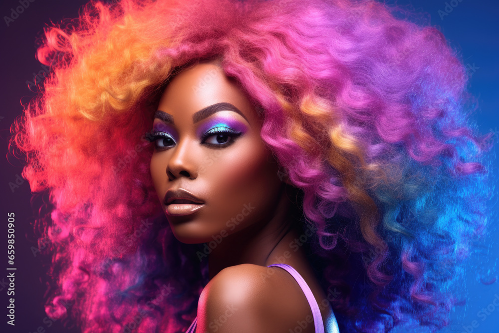 Woman with vibrant and colorful hair striking pose for photo. This image can be used for fashion, beauty, or creative concepts.