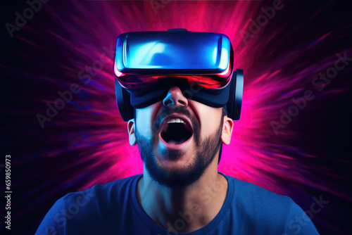 Immersive Neon VR: Surprised Man in Minimalist Glasses © Andrii 