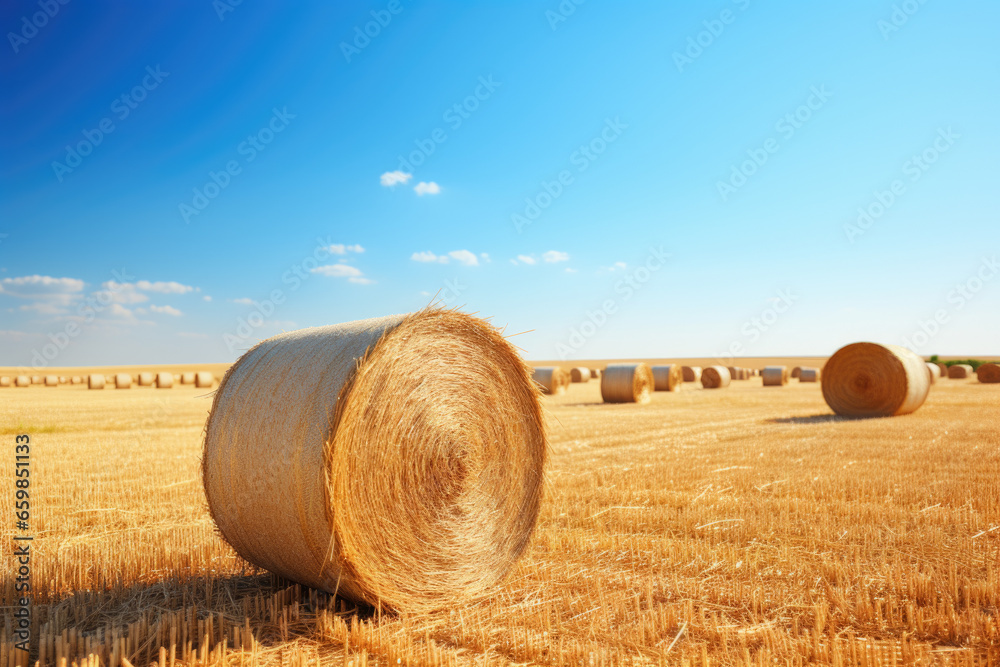 Hay bales in field with beautiful blue sky in background. This image can be used to depict rural landscapes, agriculture, farming, harvest, and nature scenes.