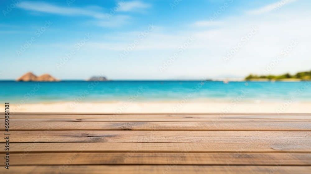 Top of wood table with blurred sea and blue sky background - Empty ready for your product display montage. Concept of beach in summer