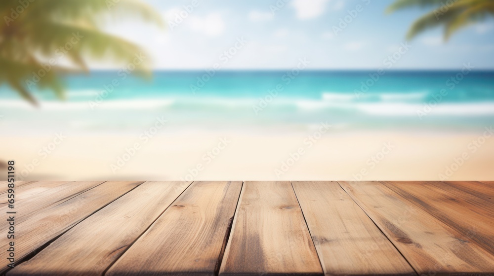 Top of wood table with blurred sea and blue sky background - Empty ready for your product display montage. Concept of beach in summer Top of wood table with blurred sea and blue sky background - Empty ready for your product display montage. Concept of beach in summer