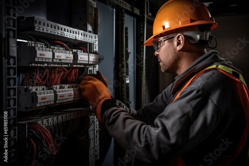 Female commercial electrician at work on a fuse box, adorned in safety gear, demonstrating professionalism. Electrician men at work.