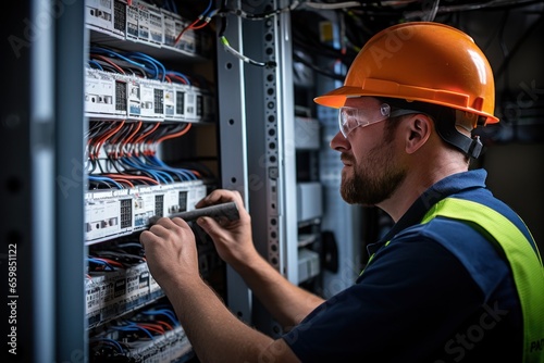 Female commercial electrician at work on a fuse box, adorned in safety gear, demonstrating professionalism. Electrician men at work. © radekcho