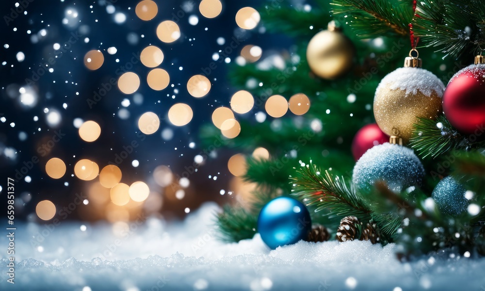 Christmas tree branches with a garland against falling snow, Generative AI Christmas tree branches with a garland against falling snow, Generative AI