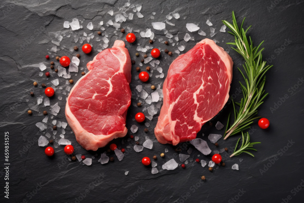 Two pieces of meat placed on black surface, garnished with sprig of rosemary. This versatile picture can be used to showcase various food-related concepts and themes.