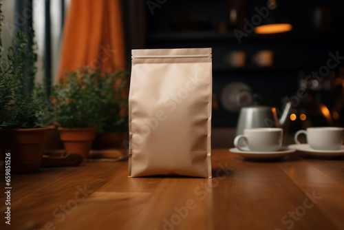 Blank coffee packaging on a wooden table with coffee seeds, cup with coffee on natural background, coffee packaging mockup with empty space to branding display design. Generative AI