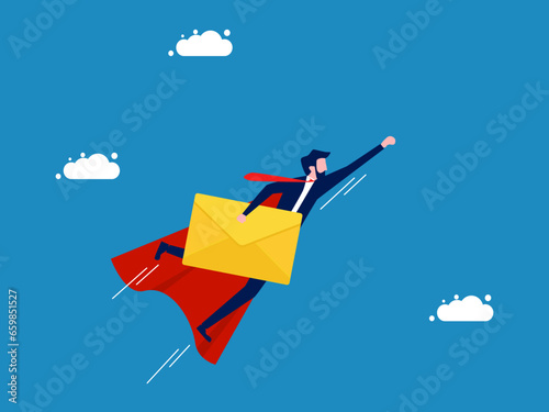 Sending a message. Business hero quickly flies into the sky with a letter. vector