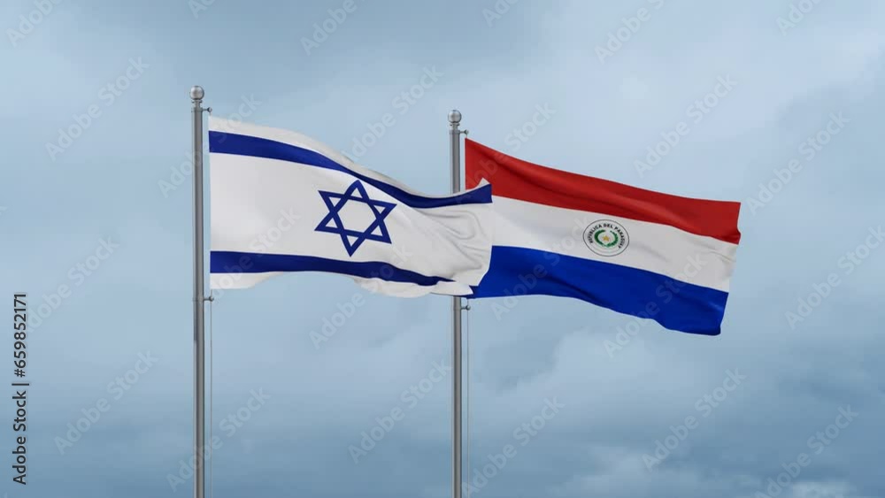 Paraguay flag and Israel flag waving together on cloudy sky, endless seamless loop, two country relations concept Paraguay flag and Israel flag waving together on cloudy sky, endless seamless loop, two country relations concept