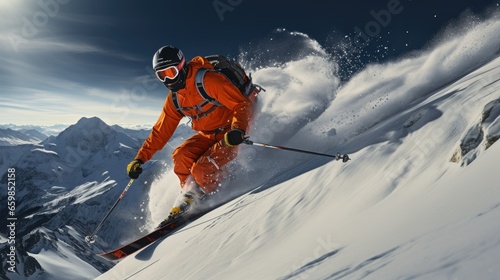 An athlete goes downhill skiing