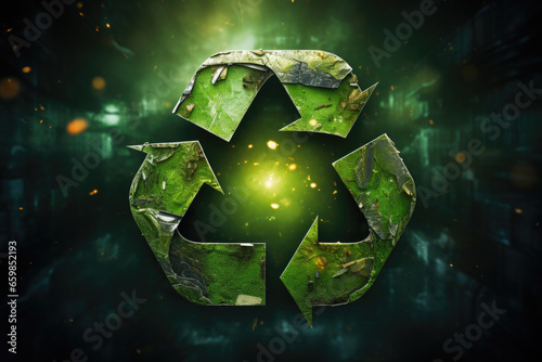 Green recycle logo displayed on dark background. This image can be used to promote environmental awareness and sustainability.