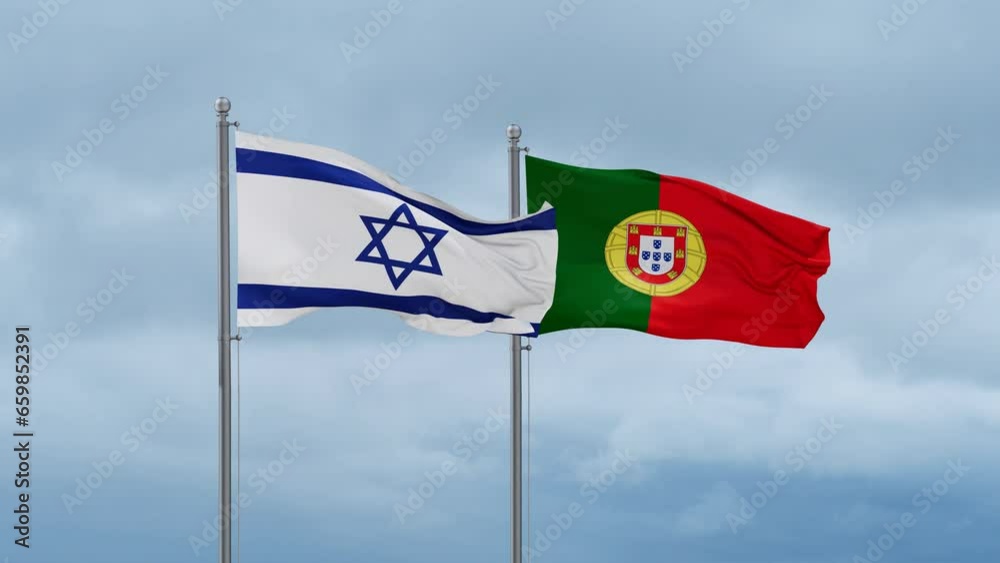 Portugal and Israel flag waving together on cloudy sky, endless seamless loop, two country cooperation concept Portugal and Israel flag waving together on cloudy sky, endless seamless loop, two country cooperation concept