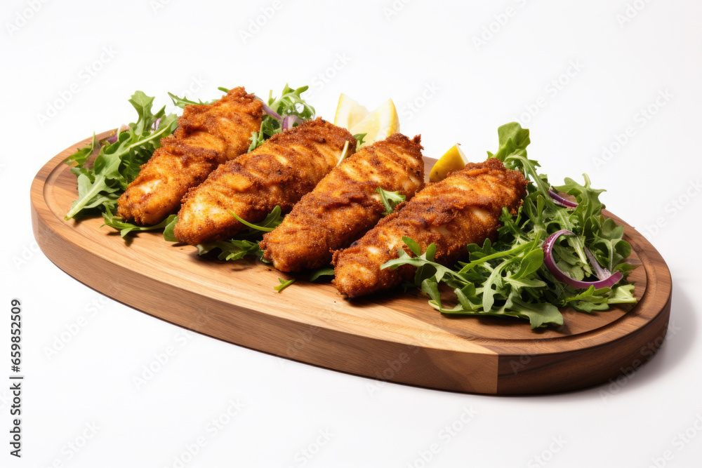 Delicious meal consisting of fried chicken and fresh greens served on wooden plate. Perfect for food blogs, restaurant menus, and healthy eating articles.