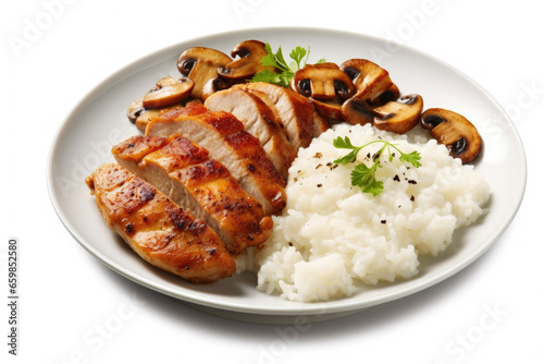 White plate topped with rice and meat. This versatile image can be used to showcase delicious meal or to represent various cuisines and dining options.