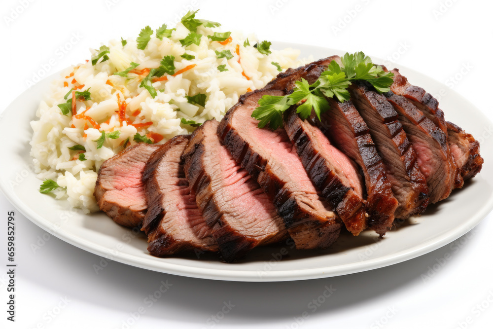 White plate with delicious serving of meat and rice. Perfect for food blogs, restaurant menus, and recipe websites.
