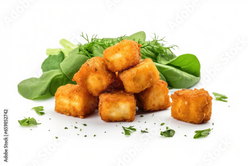 Picture showing pile of tater tots next to pile of spinach. This image can be used to showcase contrasting food options or to highlight versatility of different ingredients in meal.