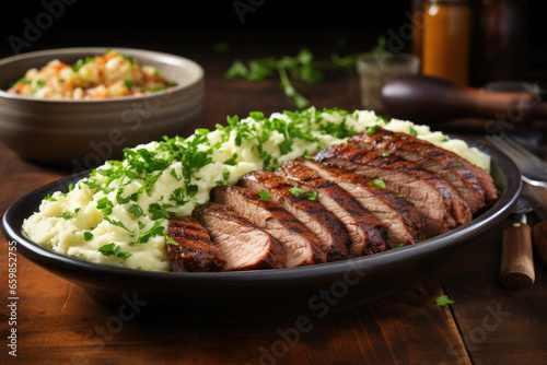 Delicious plate of meat and mashed potatoes. Perfect for hearty meal or comforting dinner.