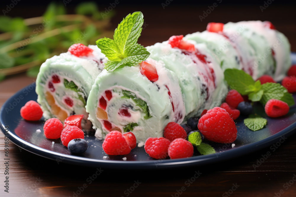 Delicious ice cream roll topped with fresh raspberries and garnished with mint leaves. Perfect for refreshing summer treat or dessert option at party. Delicious ice cream roll topped with fresh raspberries and garnished with mint leaves. Perfect for refreshing summer treat or dessert option at party.