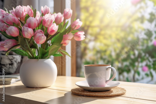 Simple and elegant composition featuring cup of coffee and vase of flowers on table. Perfect for adding touch of warmth and beauty to any setting.