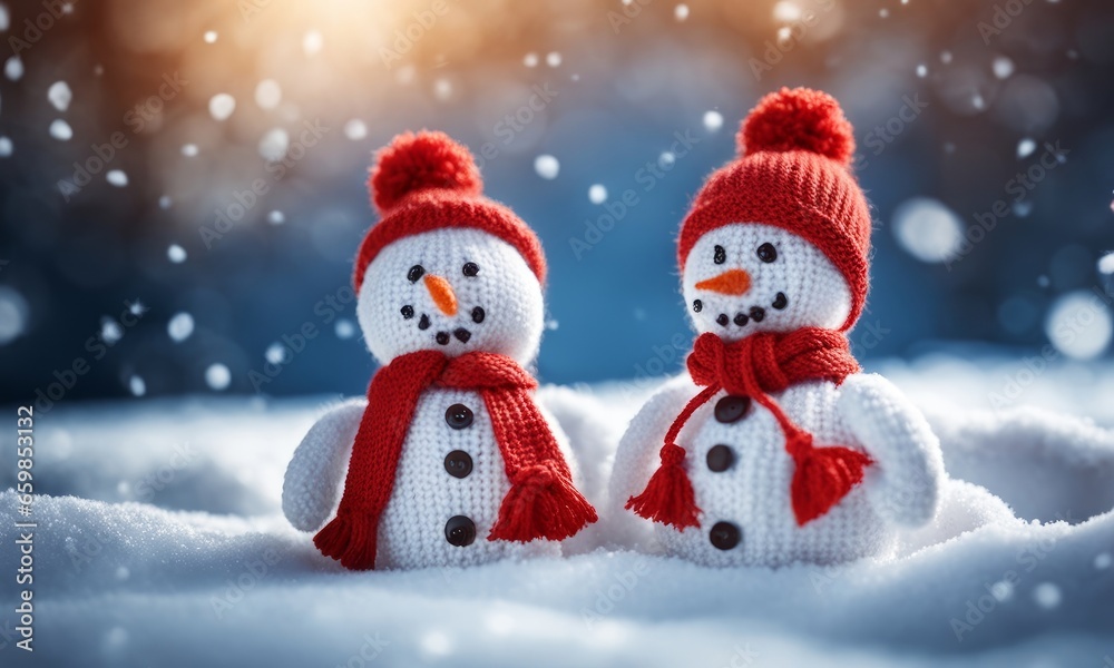 little knitted snowmans on soft snow on blue background, Generative AI