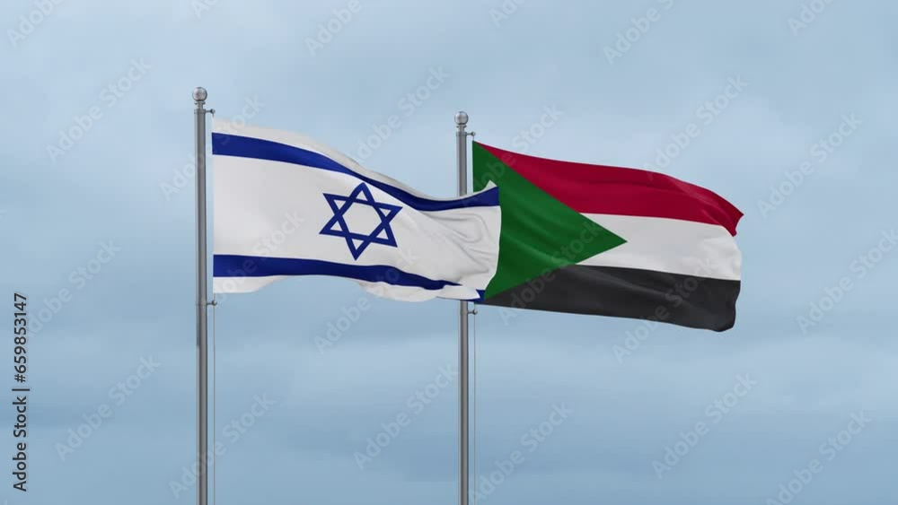 Sudan and Israel flag waving together on cloudy sky, endless seamless loop, two country cooperation concept Sudan and Israel flag waving together on cloudy sky, endless seamless loop, two country cooperation concept
