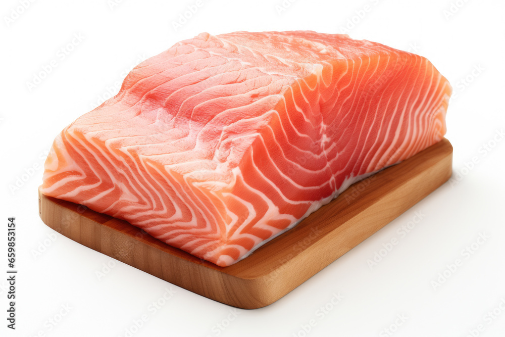 Piece of salmon is placed on cutting board. This image can be used for culinary blogs, seafood recipes, or healthy eating articles. Piece of salmon is placed on cutting board. This image can be used for culinary blogs, seafood recipes, or healthy eating articles.