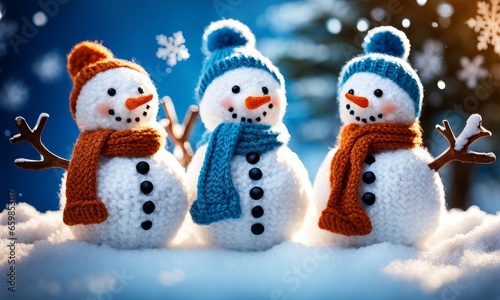little knitted snowmans on soft snow on blue background, Generative AI © Kevin