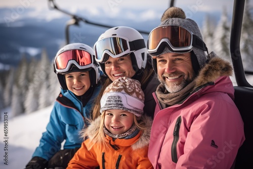 Happy family of 4 members wearing blue and orange ski clothing riding a cable car up to a ski slope