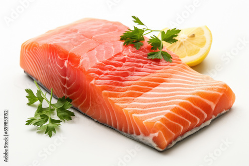 Close-up view of two pieces of salmon and lemon placed on clean white surface. This image is perfect for food and cooking-related projects.