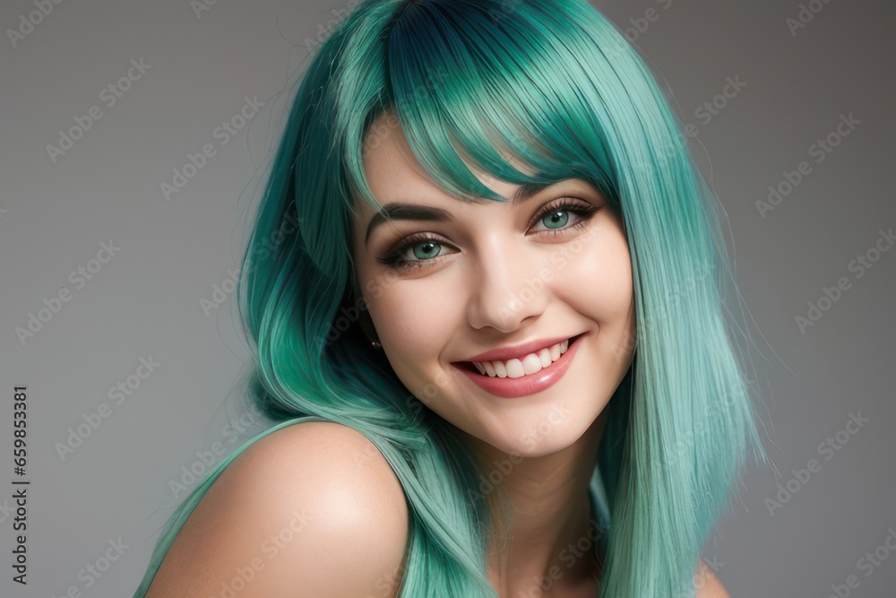 Portrait beautiful green hair and eyes model woman with white teeth smile, healthy long hair and beauty skin on dark background. Concept of advertising dentist and facial care. Generative AI Portrait beautiful green hair and eyes model woman with white teeth smile, healthy long hair and beauty skin on dark background. Concept of advertising dentist and facial care. Generative AI