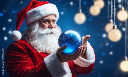 Happy Santa Claus holding glowing christmas ball over defocused blue background with copy space, Generative AI © Kevin