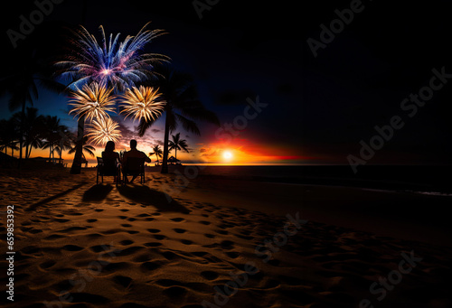 Rear view of young happy couple in love sitting on beach and watching fireworks at sunset.