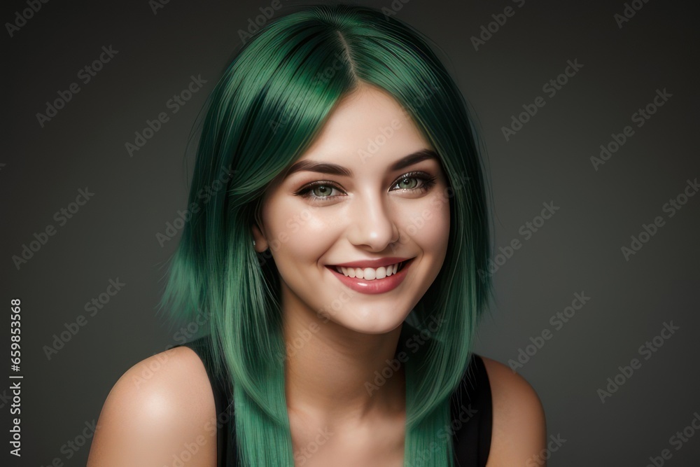 Obraz premium Portrait beautiful green hair and eyes model woman with white teeth smile, healthy long hair and beauty skin on dark background. Concept of advertising dentist and facial care. Generative AI