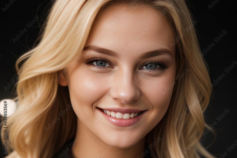 Portrait beautiful blonde model woman with white teeth smile, healthy long hair and beauty skin on black background. Concept of advertising dentist and facial care. Generative AI Portrait beautiful blonde model woman with white teeth smile, healthy long hair and beauty skin on black background. Concept of advertising dentist and facial care. Generative AI