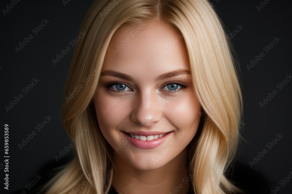 Fototapeta premium Portrait beautiful blonde model woman with white teeth smile, healthy long hair and beauty skin on black background. Concept of advertising dentist and facial care. Generative AI