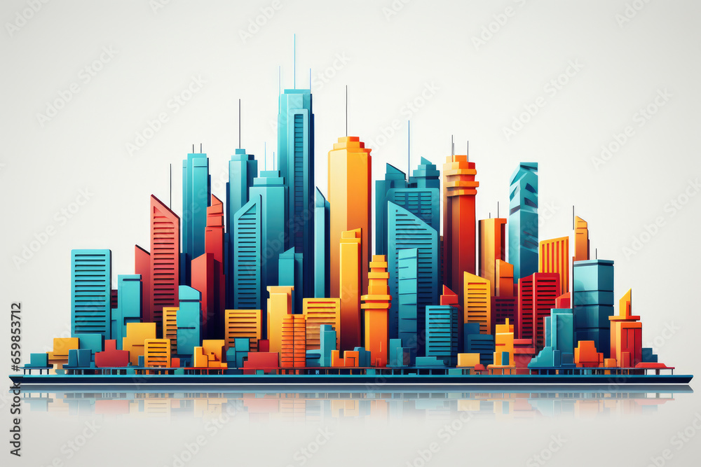 Panoramic view of bustling cityscape with towering skyscrapers. Energy and modernity of large urban center. Ideal for use in travel brochures, city guides, or articles about urban development.