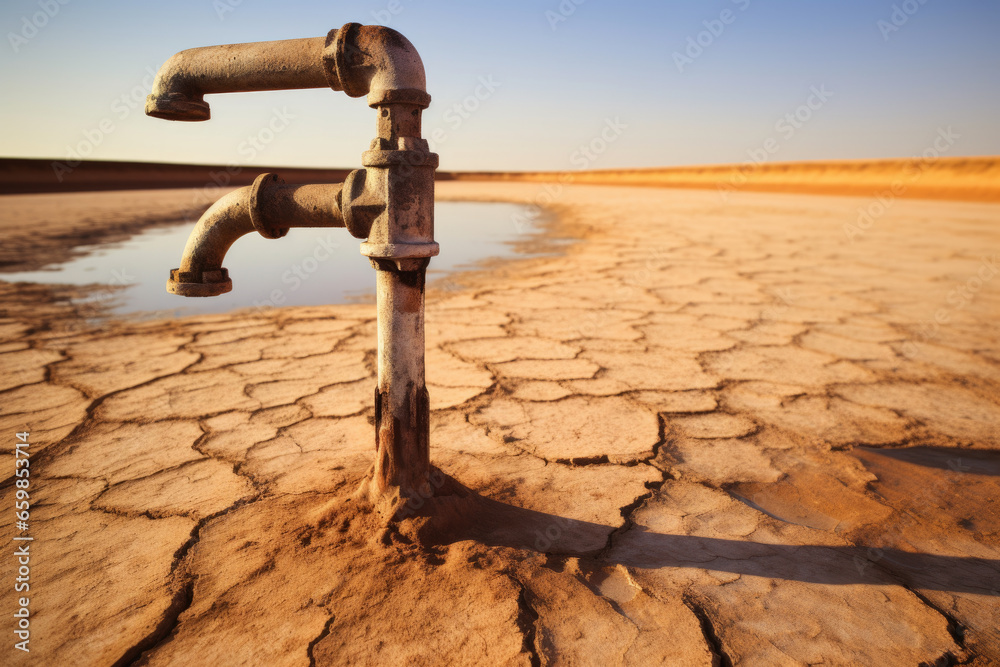 Fototapeta premium Water faucet standing alone in middle of barren desert. This image can be used to represent scarcity, isolation, or need for resourcefulness.