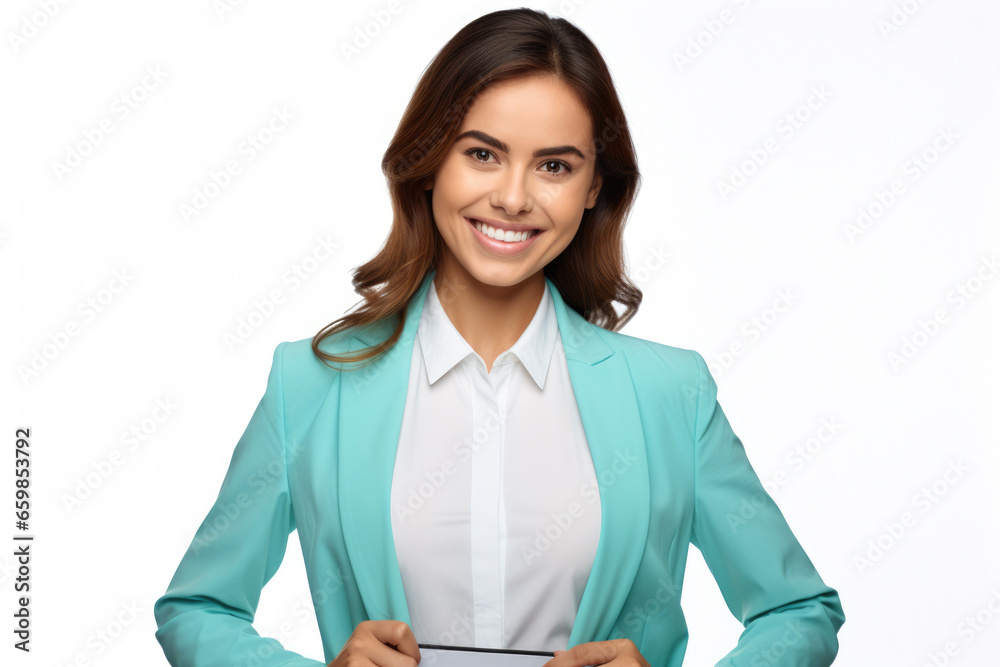 Woman wearing blue jacket and white shirt. Woman wearing blue jacket and white shirt.