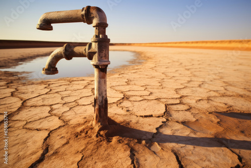 Water faucet standing alone in middle of barren desert. This image can be used to represent scarcity, isolation, or need for resourcefulness.