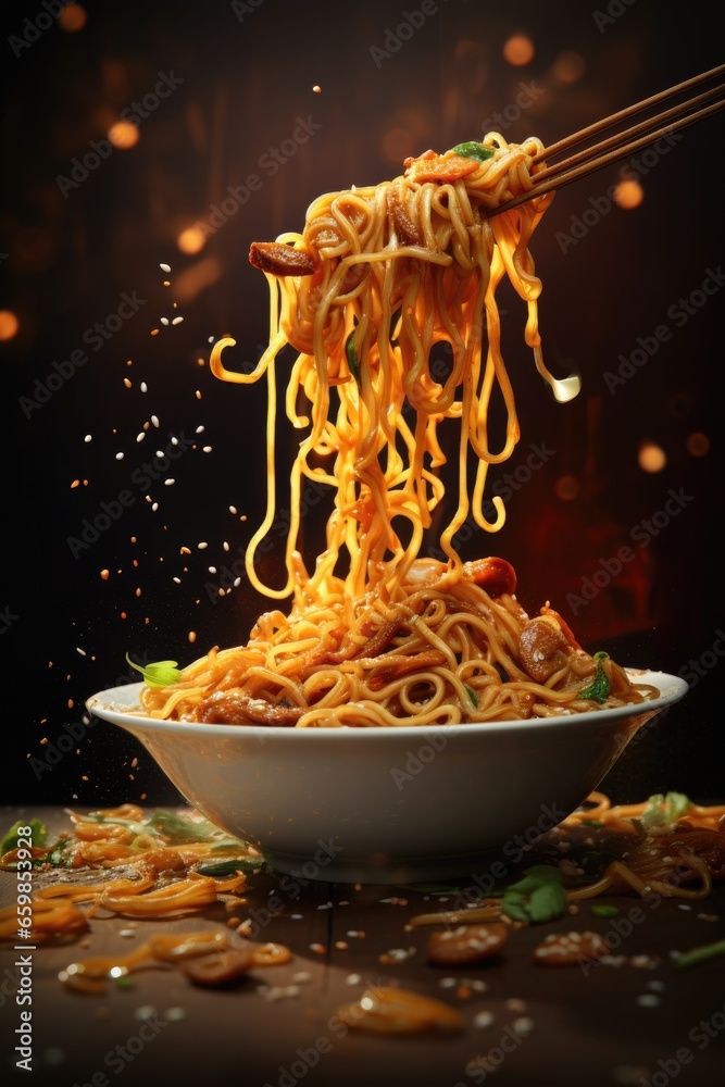 Instant noodle with sauce and vegetables flying in the air on dark - obrazy, fototapety, plakaty 