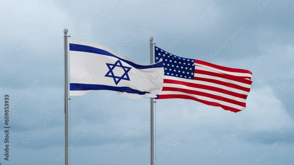 USA and Israel flag waving together on cloudy sky, endless seamless loop, two country cooperation concept USA and Israel flag waving together on cloudy sky, endless seamless loop, two country cooperation concept