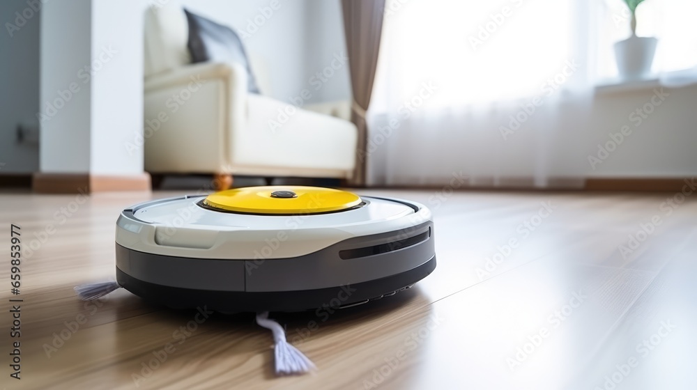 Robot vacuum cleaner on hardwood floor at home. smart home concept Robot vacuum cleaner on hardwood floor at home. smart home concept