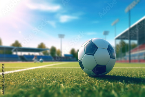 Soccer ball resting on top of vibrant, green field. Perfect for sports-related designs and marketing materials. © vefimov