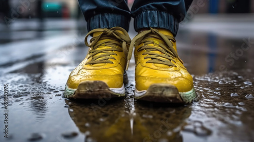 Fotografia, Obraz Person wearing yellow shoes standing in rain