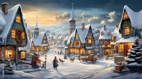 Christmas village, snow, Christmassy, cartoon art