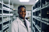 Male Pharmacist / Lab Technician.  Generated Image.
A digital rendering of a pharmacist or a lab technician in a white coat and shelves of medicines.