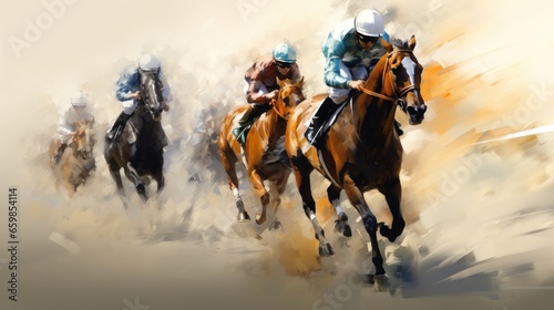 Race horses and jockeys competing on the track, Head on view of galloping race horses and jockeys racing.