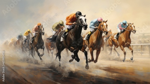 Race horses and jockeys competing on the track, Head on view of galloping race horses and jockeys racing.