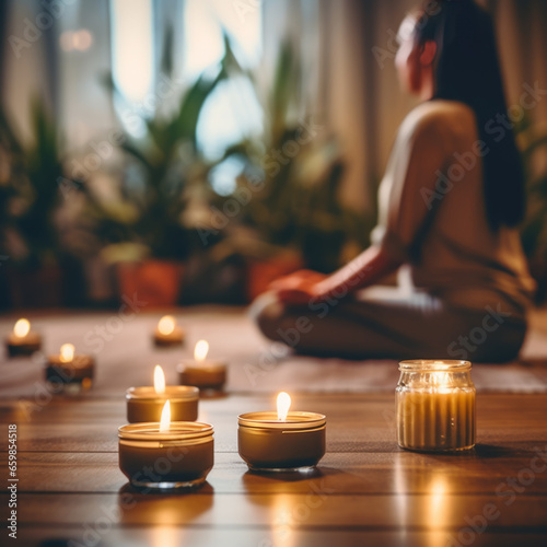 Woman sitting on the floor and meditating. Selective focus on the candle