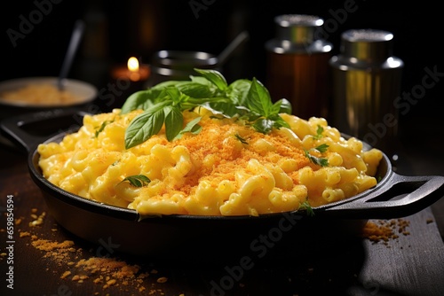 Mac and cheese in a black cast iron pan