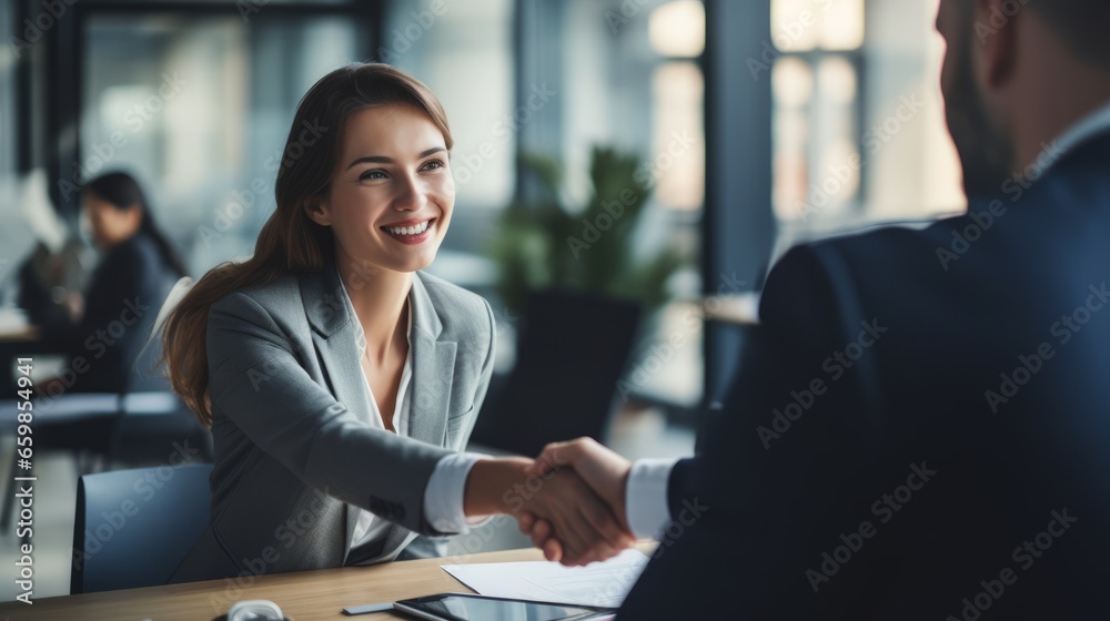 job interview,Handshake,finishing successful meeting,Business etiquette,congratulation,meeting,new business,startup,employee,teamwork,trust concept.Young business people shaking hands in the office.
